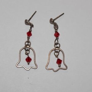 Beautiful silver and red crystal dangle Christmas bell Earrings 1.5"